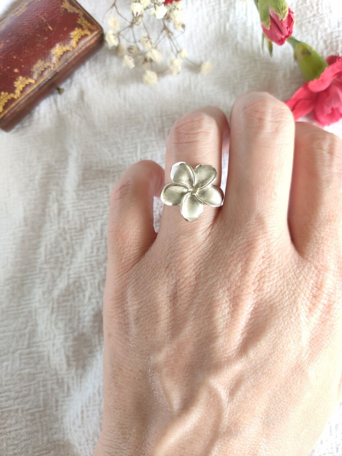 Solid 925 Sterling Silver Frangipani Floral Flower Statement Ring