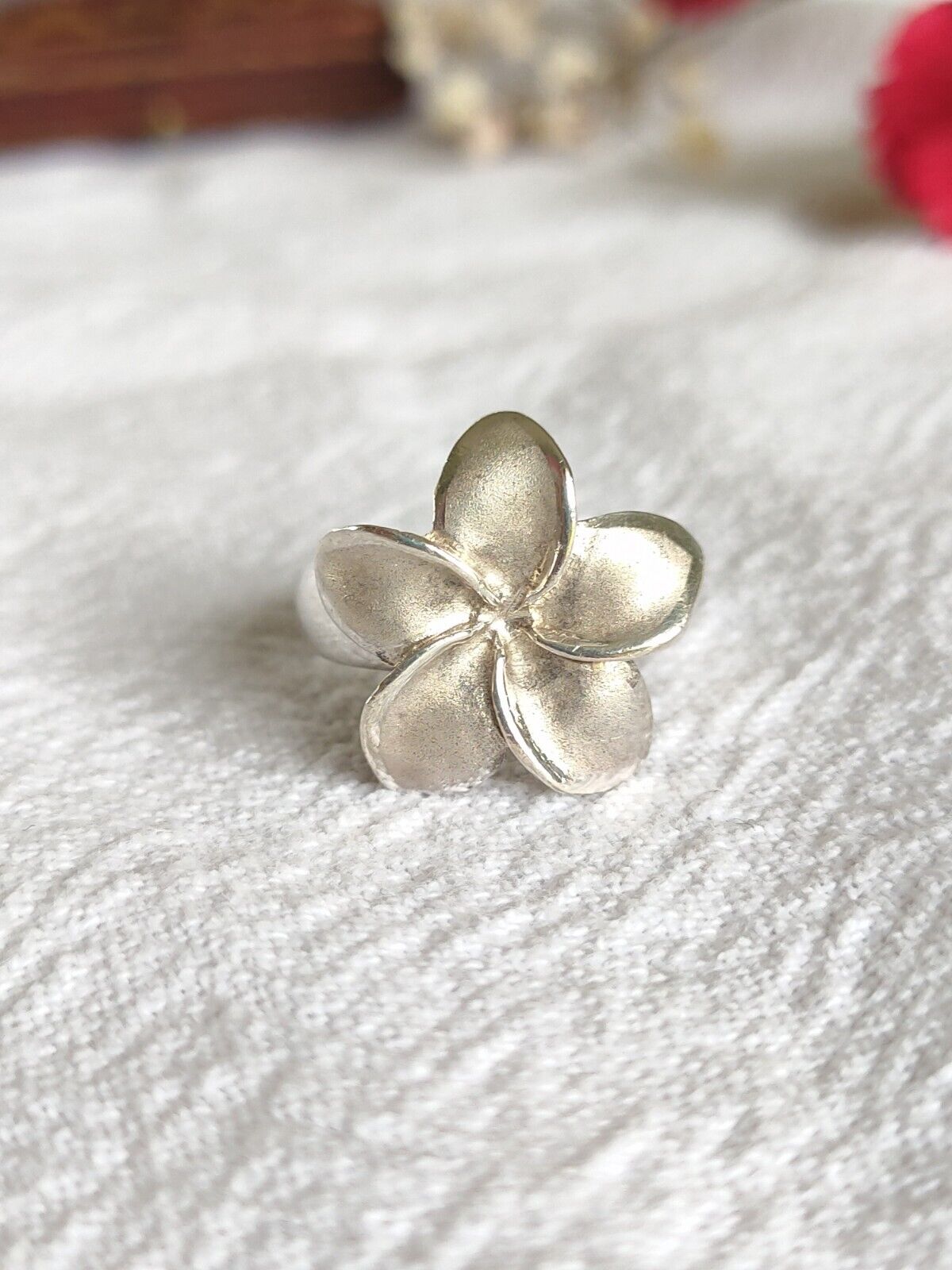 Solid 925 Sterling Silver Frangipani Floral Flower Statement Ring