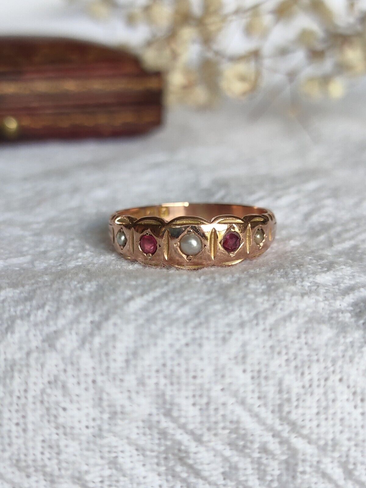 Antique 1905 9ct Rose Gold Ruby & Seed Pearl Ring