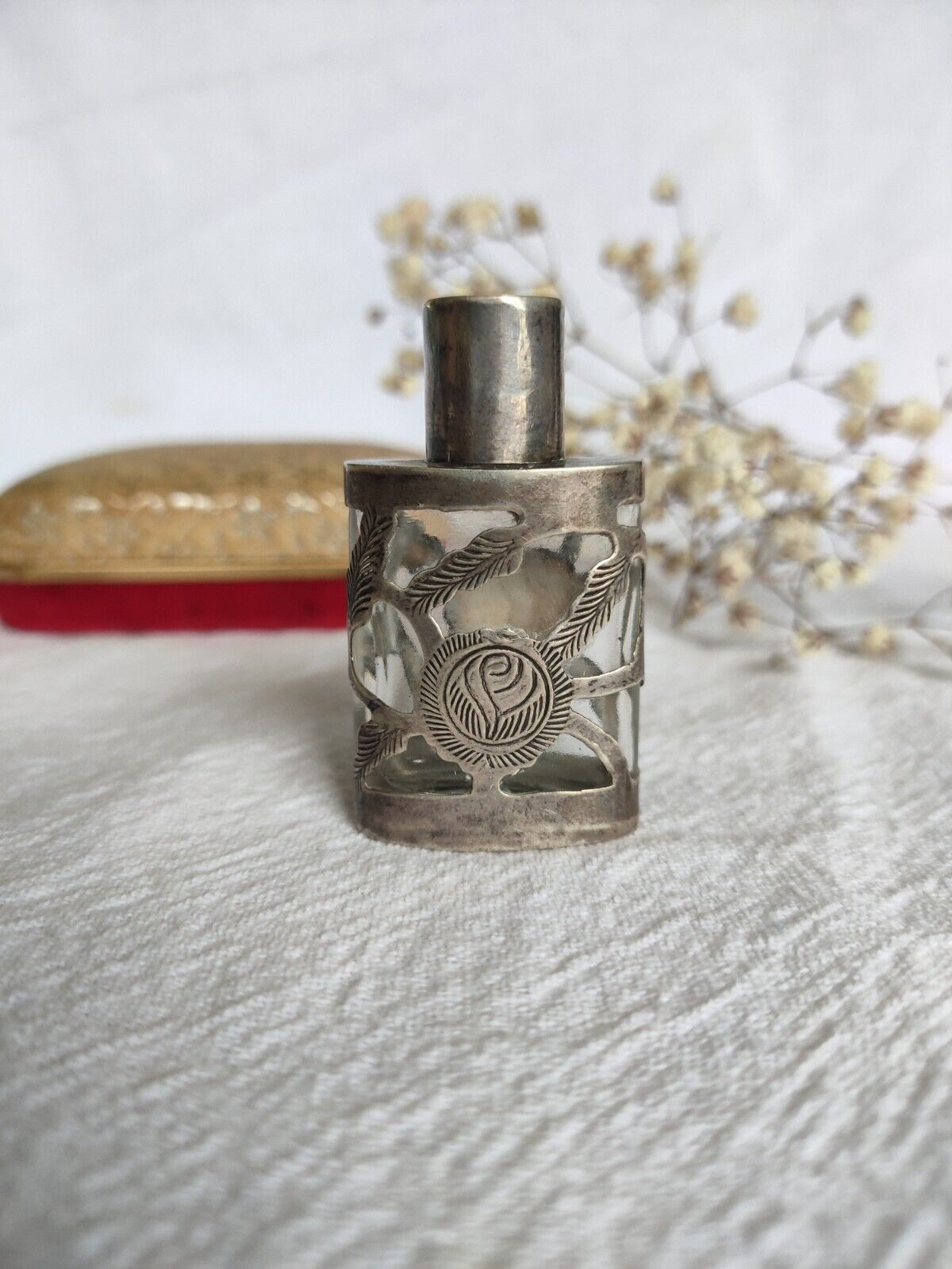 Vintage Sterling Silver 925 Encased Glass Perfume Bottle Mexican Art Nouveau