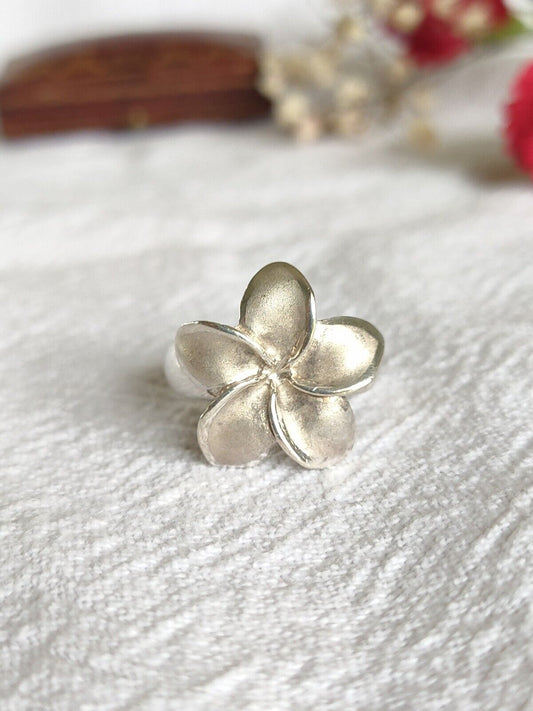 Solid 925 Sterling Silver Frangipani Floral Flower Statement Ring