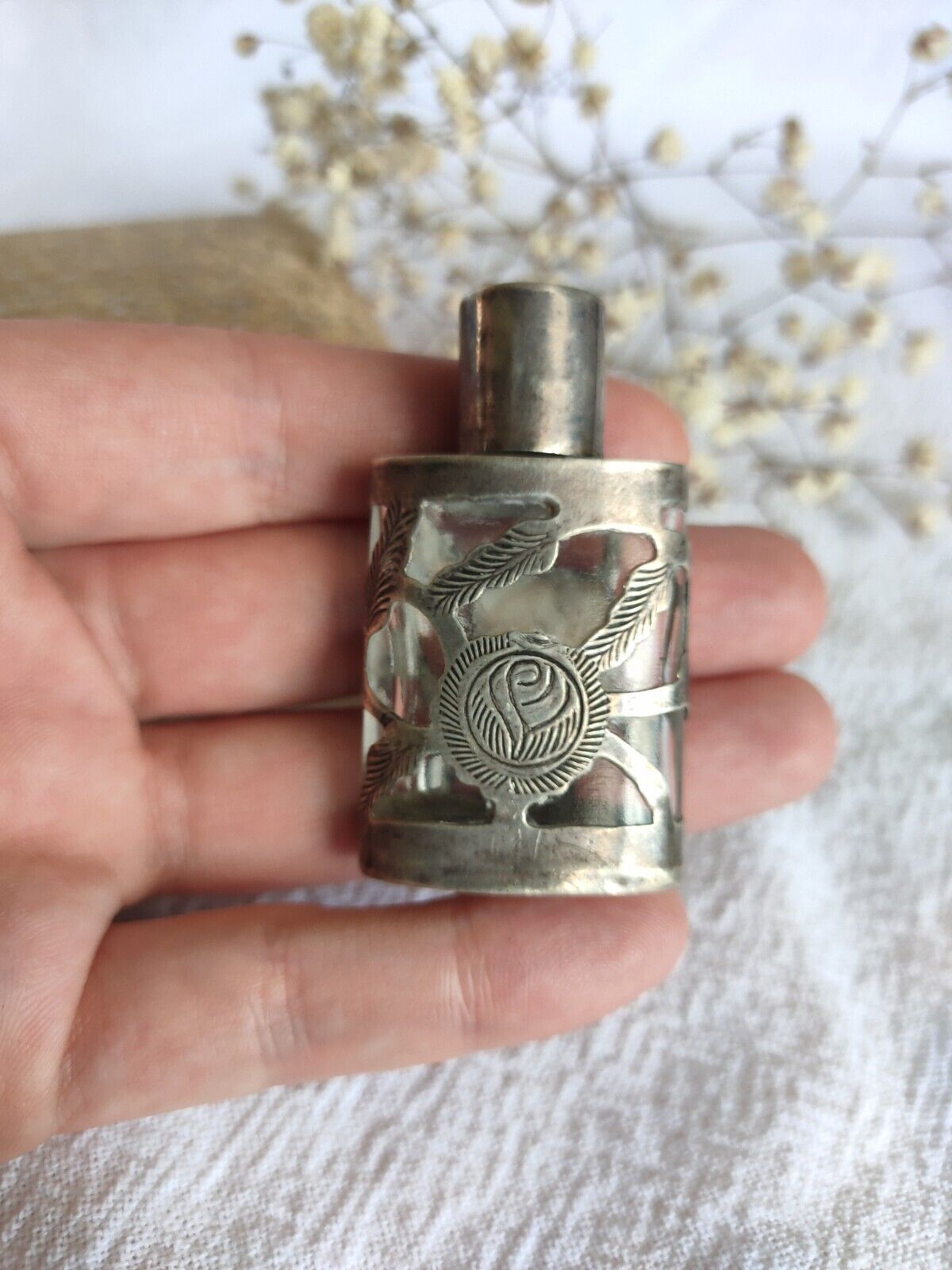 Vintage Sterling Silver 925 Encased Glass Perfume Bottle Mexican Art Nouveau